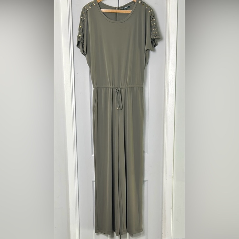 Lauren Ralph Wide Leg Khaki Jumpsuit With Criss Cross Lace Shoulders & Pockets
